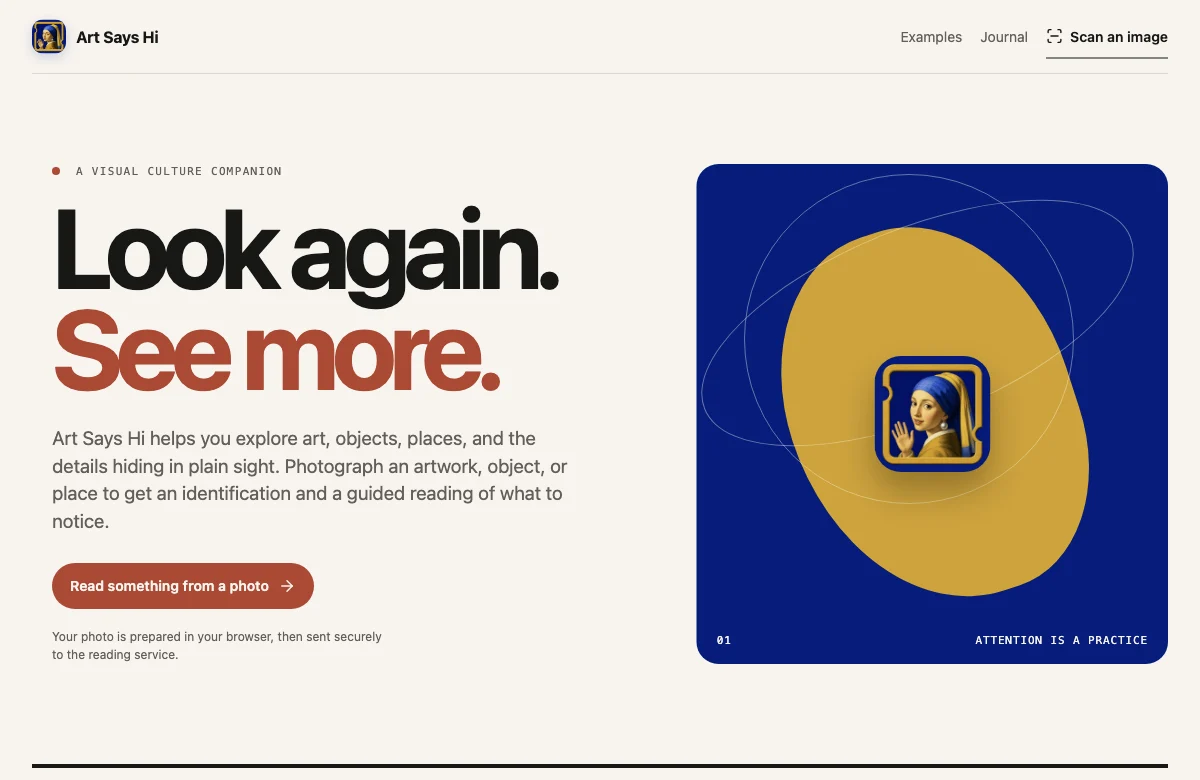 Art Says Hi website introducing its photo scanner and visual culture companion.