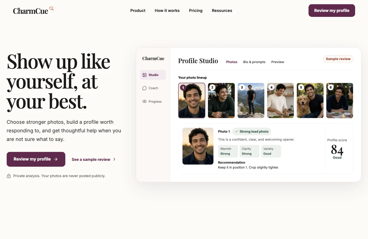 CharmCue website showing a sample Profile Studio photo lineup and review.