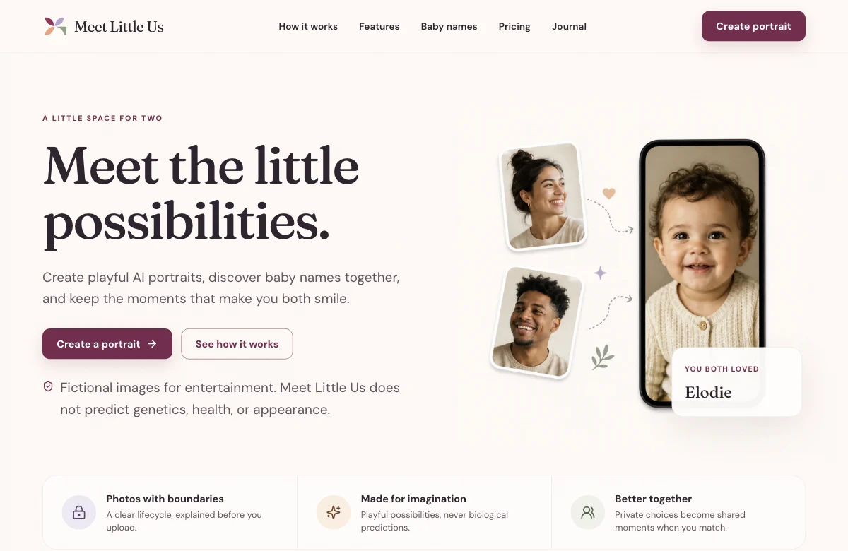Meet Little Us website with fictional portrait examples and a shared baby name preview.