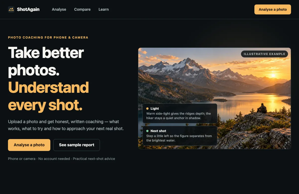 ShotAgain homepage introducing photography coaching with an illustrative mountain landscape and coaching notes.